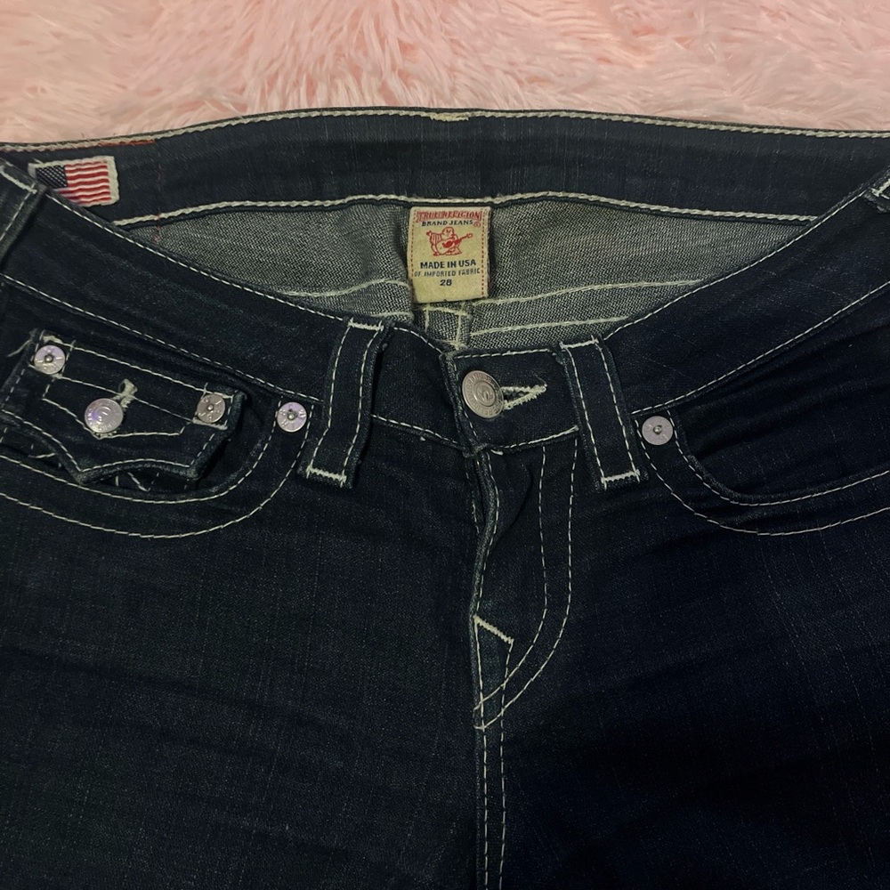 True Religion Straight Leg Jeans in Dark Blue with White Stitching